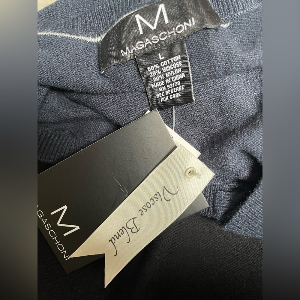 Men’s Sweater Large Magaschoni Long Sleeve V Neck Knitted Pull On Navy Blue 3046 - Picture 5 of 7